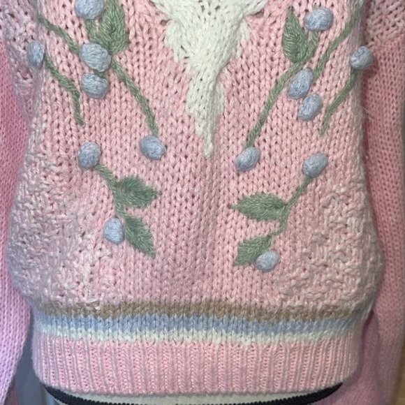 SML Sport Womens Hand-Knit Pink V-Neck Floral Sweater Medium Ramie Blend Vintage - Picture 5 of 11